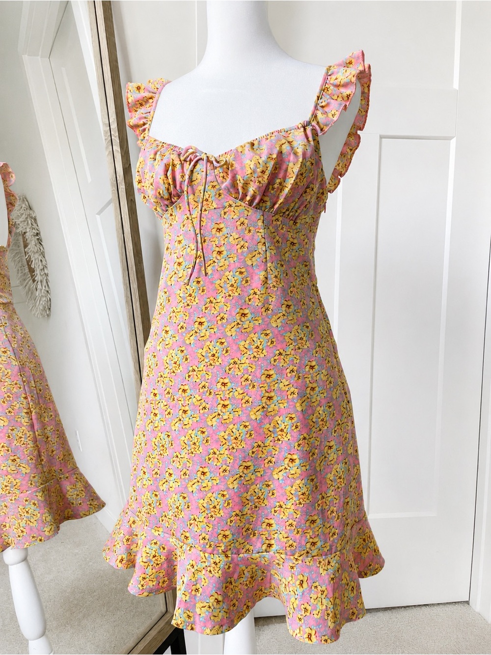 Kiss The Sky Floral Ruffle Hem Mini Dress Pink Yellow